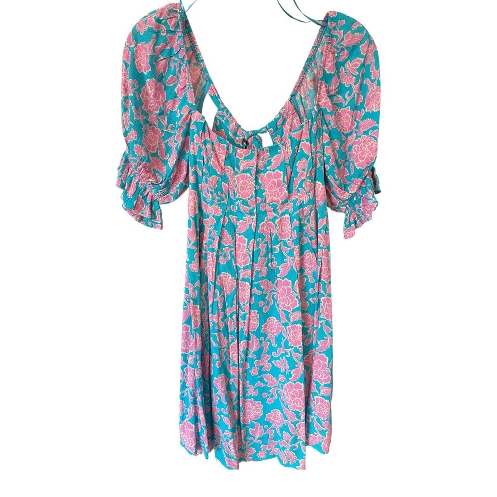 NWT Promesa Floral Mini Dress Sz S Blue Turquoise Off the Shoulder Lined Pleated
